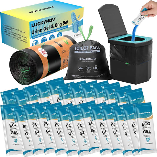 25 Portable Toilet Bags with 25 Poo Gels, 8 Gallon Leak-Proof Camping Toilet Waste Bags – Absorbent Gel Value Pack for Portable Potty, RV, Hiking, Travel, Outdoor Use