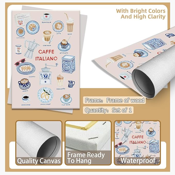 Trendy Espresso Coffee Italiano Wall Art Quirky Food Posters Italian Coffee Chart Canvas Print Painting Minimalism Home Decor Aesthetics Pictures for Kitchen Cafe Station Bar Club 24x36inch Framed