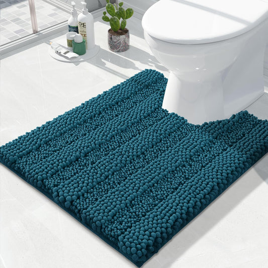 Yimobra Toilet Rugs U Shaped Washable 24 x 20, Non Slip and Super Absorbent Toilet Mat, Quick Dry, Ultra Luxury Microfiber Chenille Plush Fluffy Contour Bath Rugs for Toilet Base, Peacock Blue