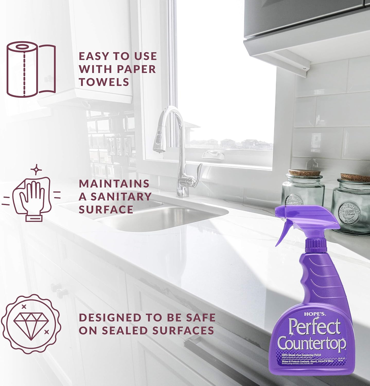 HOPE'S Perfect Countertop Cleaner and Polish 22-Ounce, Streak-Free Multi-Surface Cleaning Spray, Safe on Stone, Laminate, CORIAN, Granite, Quartz, Marble, Pack of 6