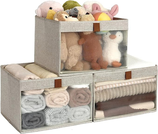 StorageWorks Closet Storage Bins, Large Storage Baskets with Clear Window and Handles, Foldable Fabric Organizer for Clothes, Shelves, Brown and Beige, 3 Pack