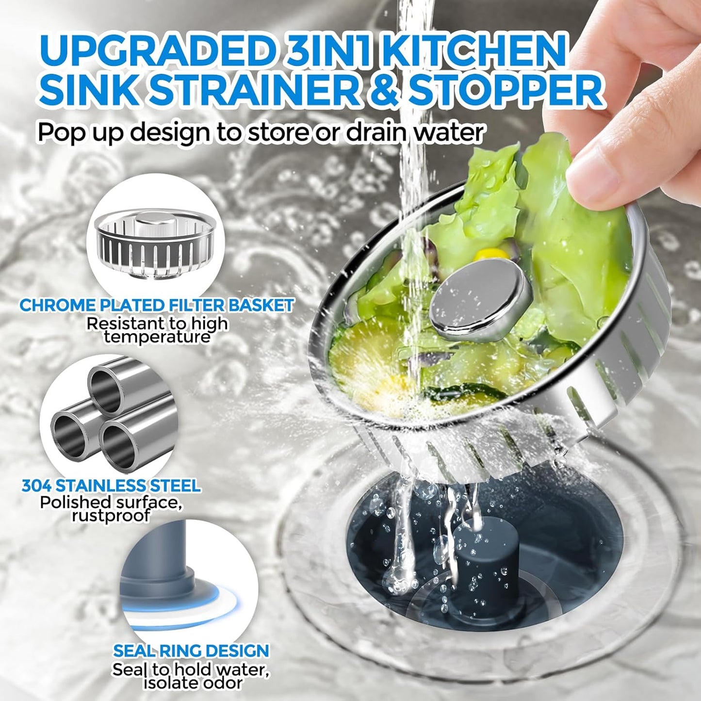 zaa Kitchen Sink Drain Strainer - Kitchen Sink Stopper,Stainless Steel Kitchen Drain Plug & Sink Installation Parts with Anti-Clogging Basket, Fit US Standard 3-1/2'' Sink Drain Hole