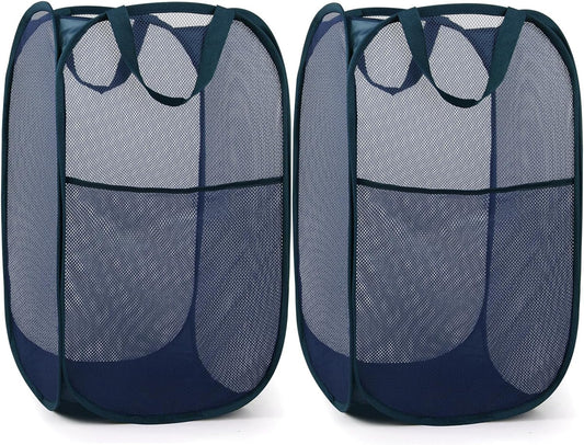 2 Pack Durable Collapsible Laundry Baskets - Reinforced Mesh Pop Up Laundry Hamper with Pocket, Foldable Dirty Clothes Hamper with Carry Handles for Laundry, Bathroom, Kids Room, Dorm or Travel Navy