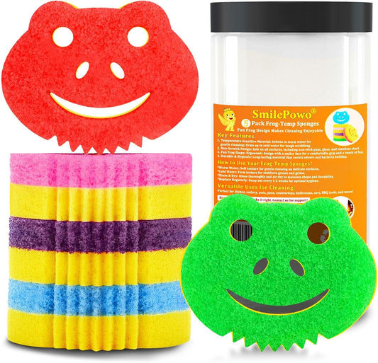 SmilePowo 5 Pack Frog Dual-Sided Multi-Functional Scrub Sponge, Dual-Sided Temperature Controlled Kitchen Sponge for Dishes,Furniture,Scrub Sponges Household Cleaning Pads Bathroom Wall Cleaner