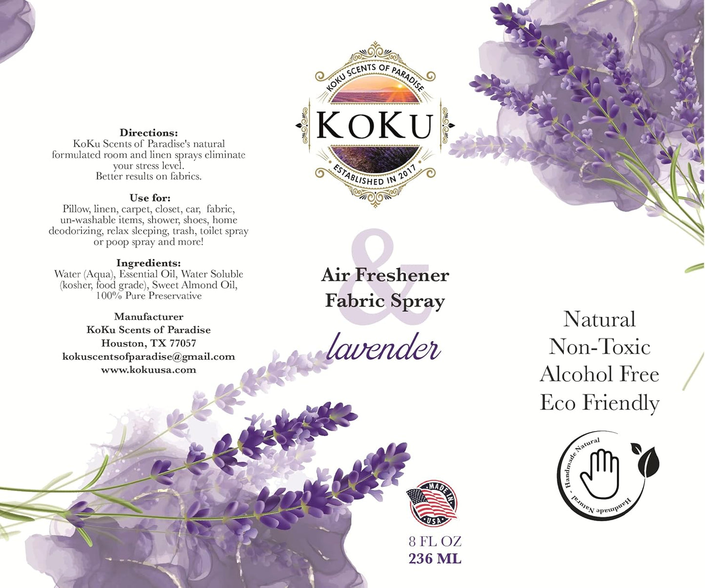 Lavender Air Freshener - Room Spray - Odor Eliminator - Deodorizer - Car Air Freshener - Home Spray - Linen Spray - Fabric Refresher - Non-Toxic - Alcohol Free – Made in USA (8 Oz)