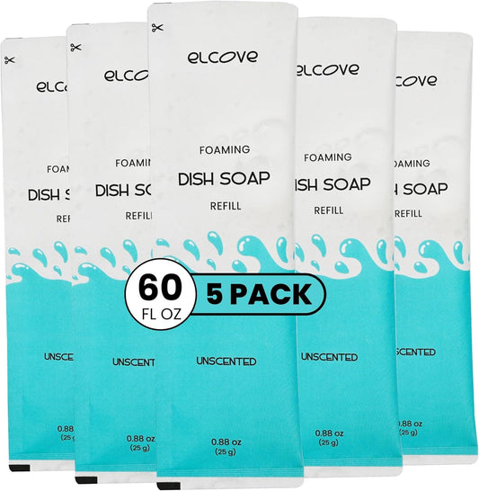 Foaming Dish Soap Refills (5pk), Concentrated Powder Refills Make 5 Bottles x 12oz each of Non Toxic Eco Friendly Unscented Dish Soap, Zero Waste, Plastic Free, Septic Safe