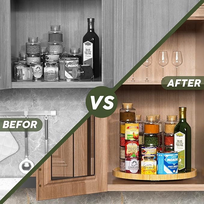 Lazy Susan Organizer, 13.2 Inch Non-Skid Bamboo Lazy Susan for Kitchen Table cabinets Closets and Kitchen Islands, Wood Turntable for Kitchen Countertop Organizer