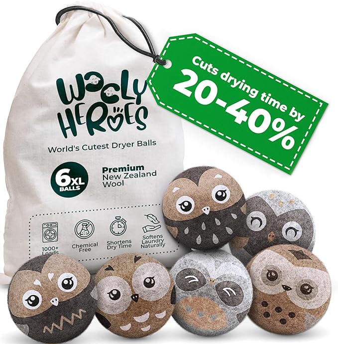 No More Dryer Sheets! Reusable Wool Dryer Balls XL 6-Pack - Reduces Static, Cuts Dry Time, & Softens Naturally
