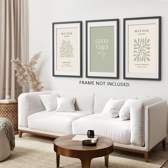 Hwetui Matisse Wall Art Set of 3 Sage Green Abstract Poster Canvas Prints Neutral Plant Leaves Painting Pictures Good Vibes Aesthetic Home Decor for Living Room Bedroom Bathroom 12''x16''Unframed