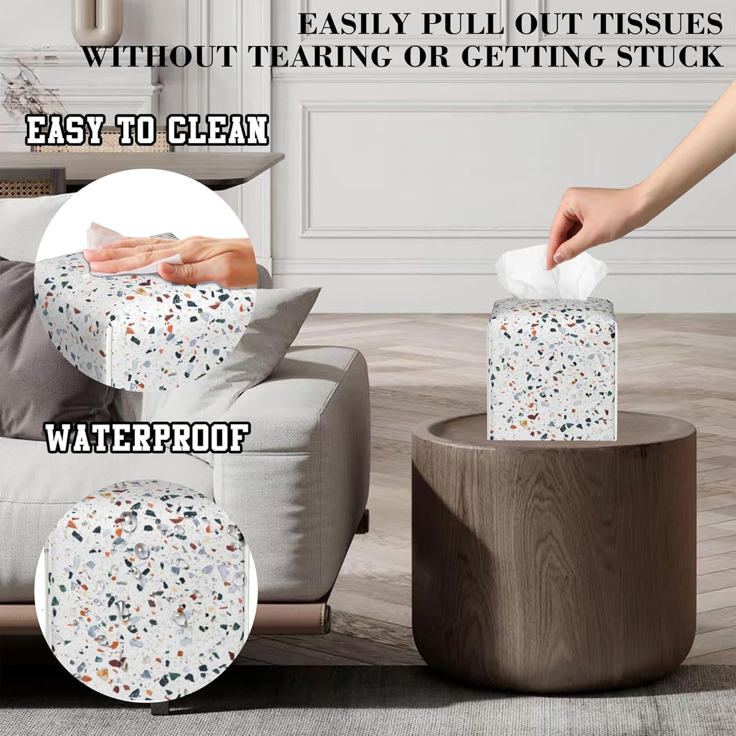 Tissue Box Cover Terrazzo Marble Tile Leather Tissue Box Holder Cube Paper Case Cover Facial Paper Organizer Dispenser for Bathroom, Vanity Countertop, Office Desk