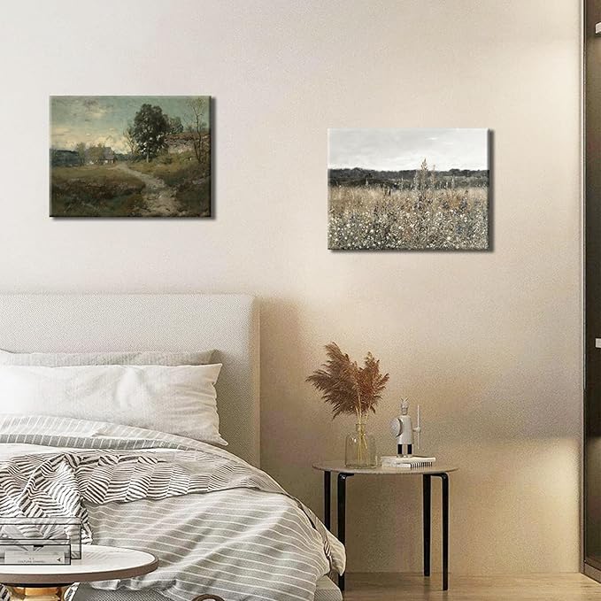 Vintage Landscape Canvas Wall Art Set of 3 - Meadow with Flowers Painting Prints,Rustic Farmhouse Posters Home Decor,Pastoral Outdoor Views Picture for Living Room Bedroom Bathroom 16x24in Framed