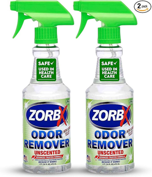 ZORBX Unscented Odor Eliminator for Strong Odor 16 oz - Pack of 2 - Used in Hospitals & Healthcare Facilities - Advanced Trusted Formula, Fast-Acting Odor Remover Spray for Dog, Cat, House & Carpet