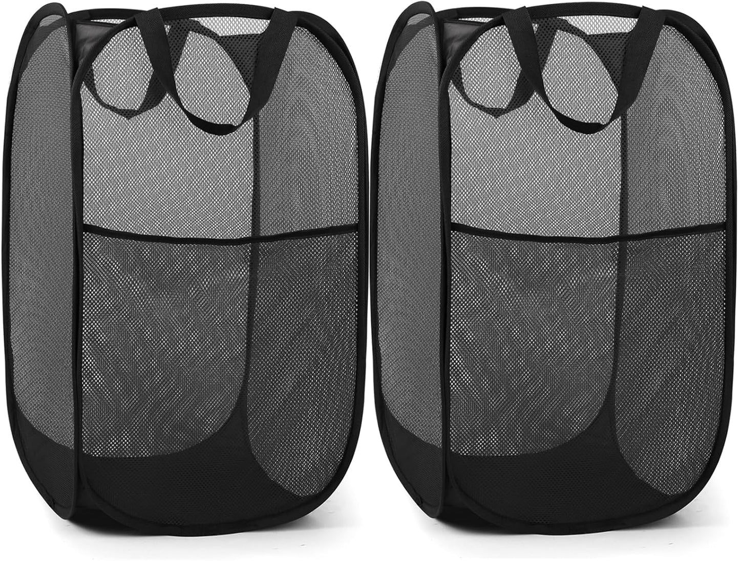 2 Pack Durable Collapsible Laundry Baskets - Reinforced Mesh Pop Up Laundry Hamper with Pocket, Foldable Dirty Clothes Hamper with Carry Handles for Laundry, Bathroom, Kids Room, Dorm or Travel Black