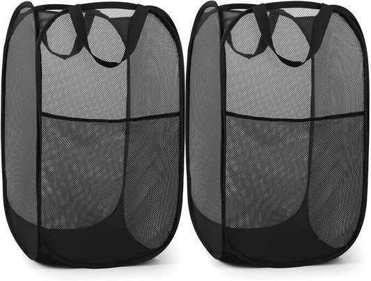 2 Pack Durable Collapsible Laundry Baskets - Reinforced Mesh Pop Up Laundry Hamper with Pocket, Foldable Dirty Clothes Hamper with Carry Handles for Laundry, Bathroom, Kids Room, Dorm or Travel Black