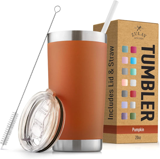 Zulay 20oz Stainless Steel Tumbler With Lid and Straw - Sweat-Free Travel Coffee Mug Tumbler Cups - Double Walled Insulated Travel Mug For Hot and Cold Drinks (Pumpkin)