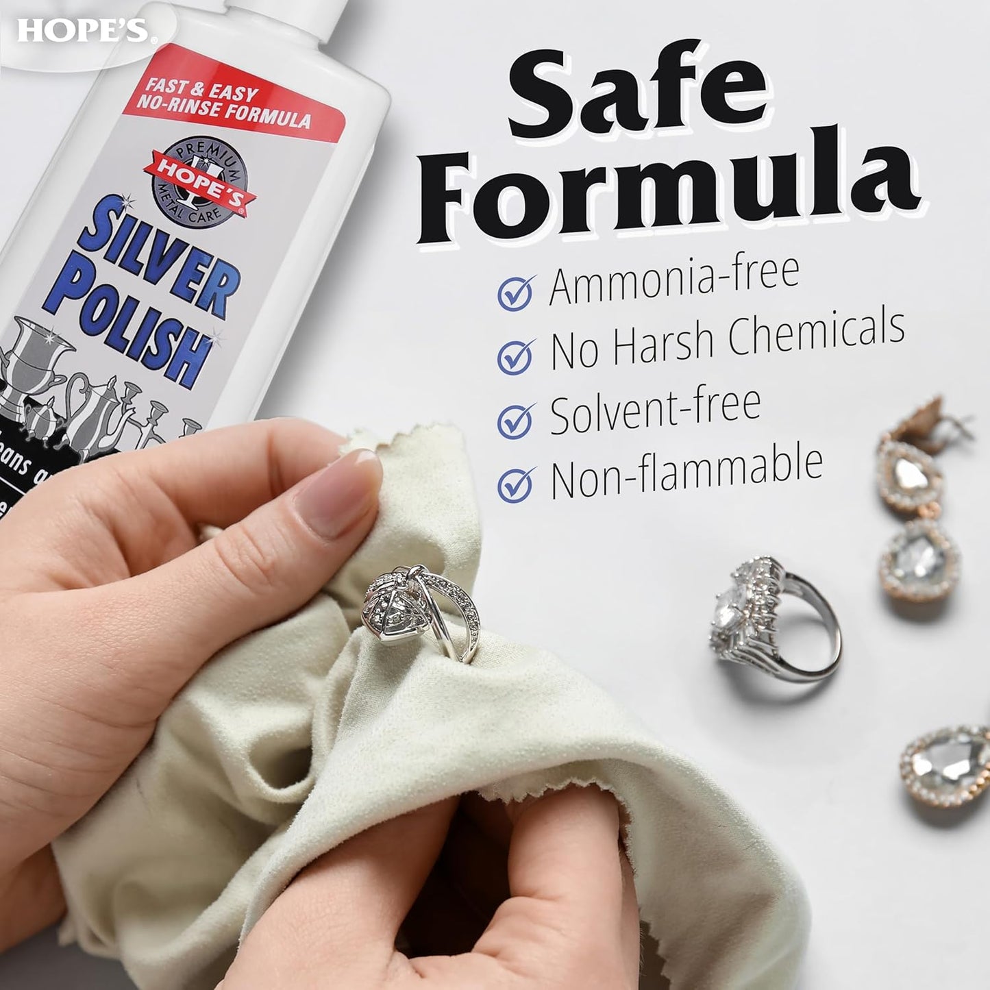 HOPE'S Silver Polish & Cleaner – Protective Tarnish Remover – Odorless – Safe & Gentle – No-Rinse Formula – Fast & Easy – Free of Harsh Chemicals – Will not Scratch – 8 Fl Oz