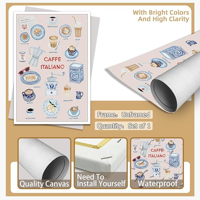 Trendy Espresso Coffee Italiano Wall Art Quirky Food Posters Italian Coffee Chart Canvas Print Painting Minimalism Home Decor Aesthetics Pictures for Kitchen Cafe Station Bar Club 16x24inch Unframed