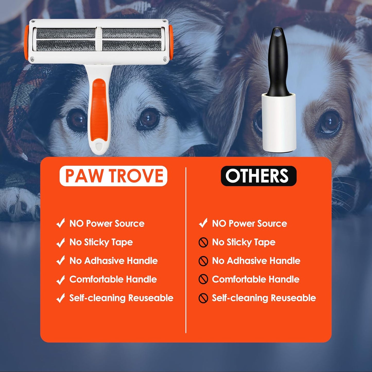 Roller Pet Hair Remover and Reusable Lint Roller - PAW TROVE Cat and Dog Hair Remover for Furniture, Couch, Carpet, Clothing and Bedding - Portable, Multi-Surface Fur Removal Tool.