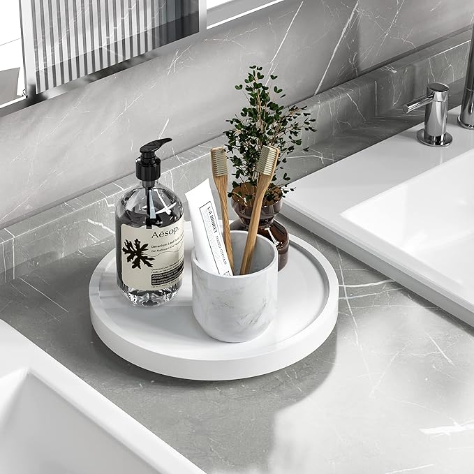 Turntable Vanity Tray 9 Inch for Perfume Candle, Bamboo Kitchen Sink Countertop Organizer for Keep Glass, Sponge and Soap Bathroom Countertop Organizer White