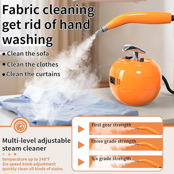 2000W Handheld Steam Cleaner, 248°F High Temperature Multipurpose Steam Cleaners with 1500ml Tank, 6 Adjustable Gear for Home Kitchen Grease Car Cleaning, Orange