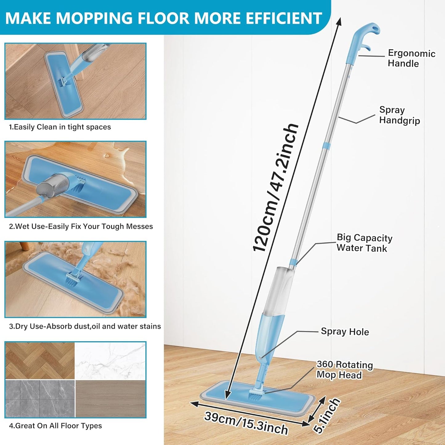 Spray Mops for Hardwood Floors: MEXERRIS Wet Jet Mop with 3 Microfiber Washable Pads for Swiffer Powermop - Flat Floor Mop with Sprayer for Wood Laminate Ceramic Tiles Vinyl