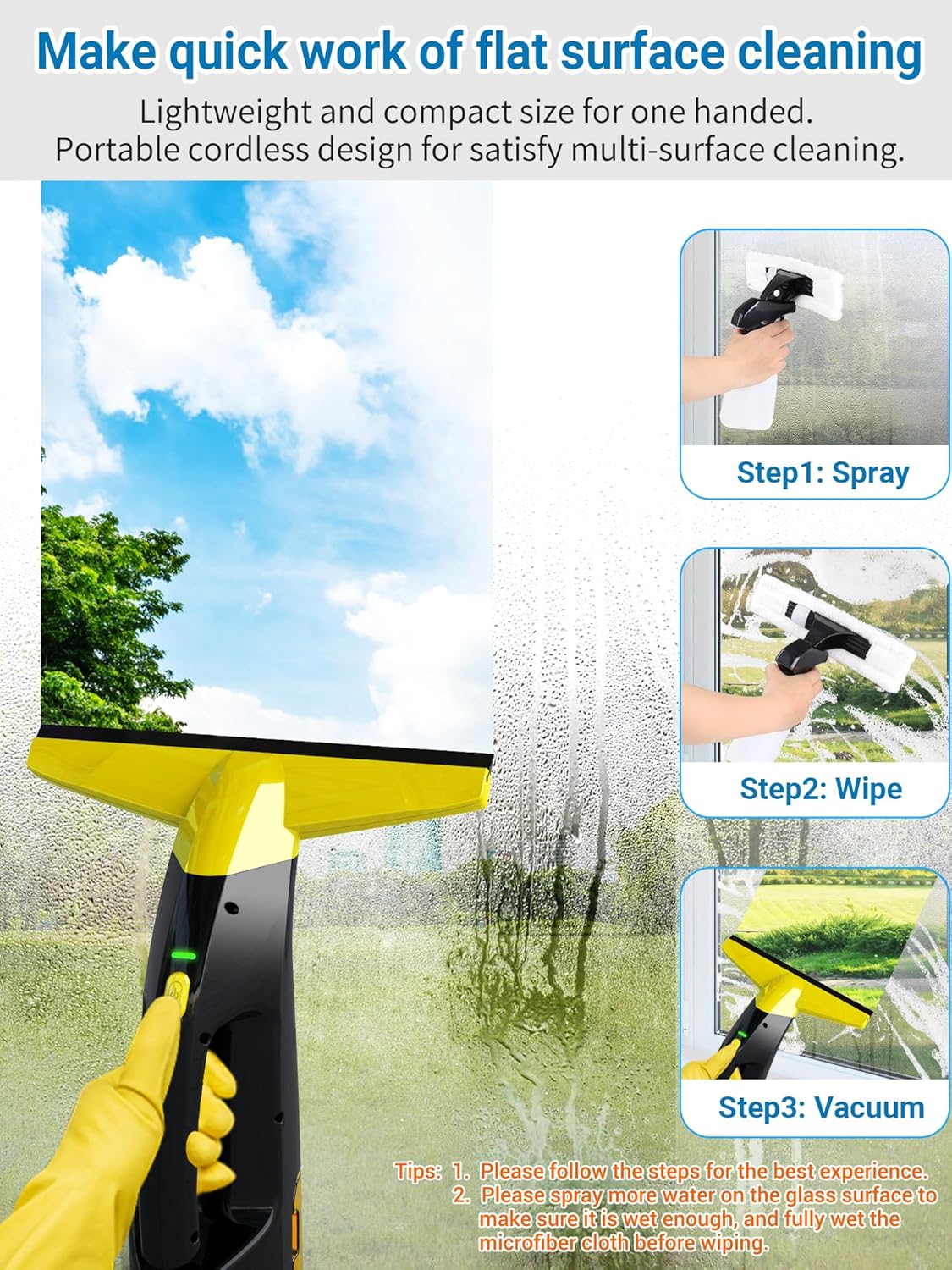 Rechargeable Window Vac, Window Vacuum Cleaner Set, Window Vacuum Squeegee Electric Cleaning Tool for Windows, Tiles, Mirrors, 200ml Water Tank