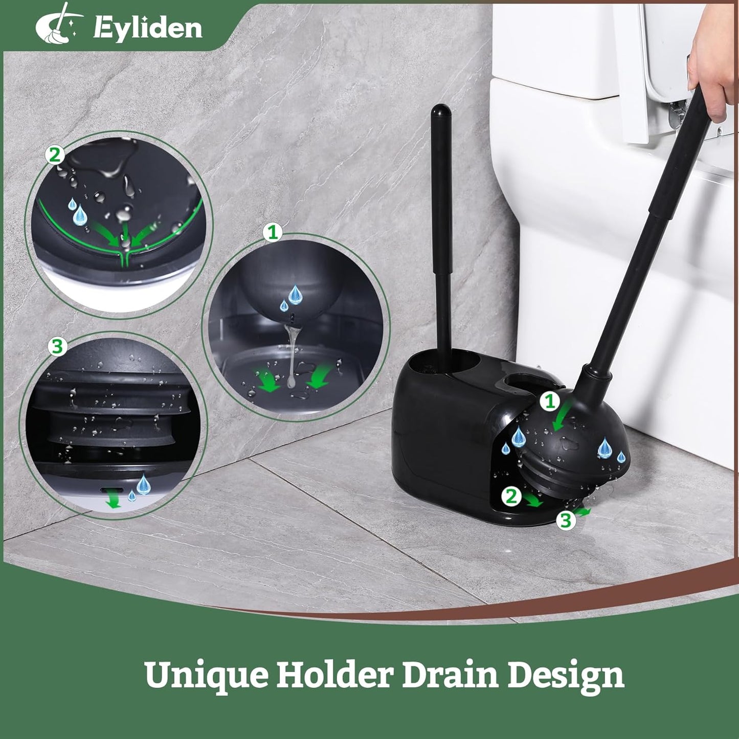 Eyliden 2 Pack Toilet Plunger & Brush Set, Upgrade 3-Step Suction Cup - Ultra-Tight Seal, Durable, Space-Saving Toilet Deep Cleaning Combo with Holder, Bathroom Essentials (2 Pack, Black)