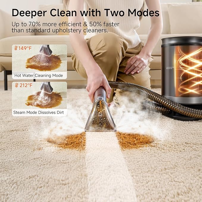 uwant Portable Carpet Cleaner with Steam& Heating System 18Kpa Powerful Suction Carpet Cleaner with 4 Cleaning Tools& Solution 2 in 1 Upholstery Cleaner Steam Cleaner for Pets, Car