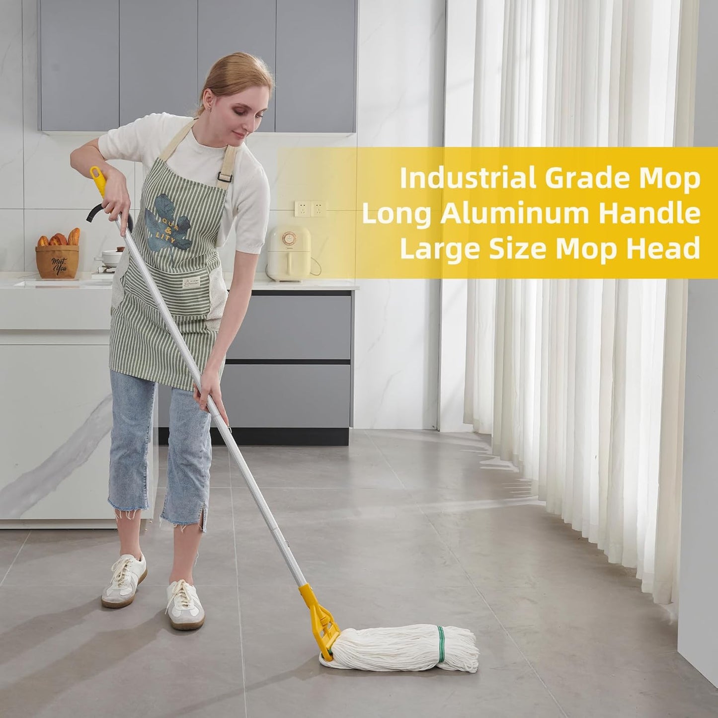 Commercial Mop Heavy Duty Industrial Mop with Long Handle,59" Looped-End String Wet Cotton Mops for Floor Cleaning, Including Three mop Head Replacement