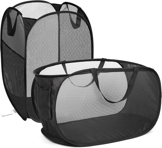 2 Pcs Durable Collapsible Laundry Baskets - Reinforced Mesh Pop Up Laundry Hamper with Pocket, Foldable Dirty Clothes Hamper with Carry Handles for Laundry, Bathroom, Kids Room, Dorm or Travel Black