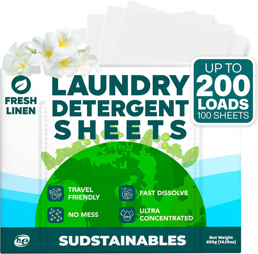 Sudstainables Laundry Detergent Sheets 200 Loads – Dissolvable Laundry Sheet for Washing Machines, Compact Alternative to Liquid & Powder Detergent, Travel-Friendly Soap | Fresh Linen