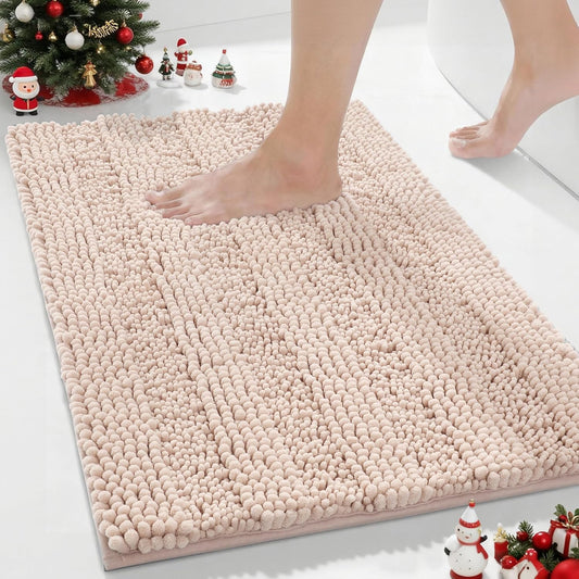 Yimobra Bathroom Rug Mat, Non Slip and Super Absorbent Bath Mat, Machine Washable Quick Dry, Ultra Plush Chenille Shower Rugs for Bathroom Floor Sink Tub and Shower Outside, Beige with Pink, 24 x 17