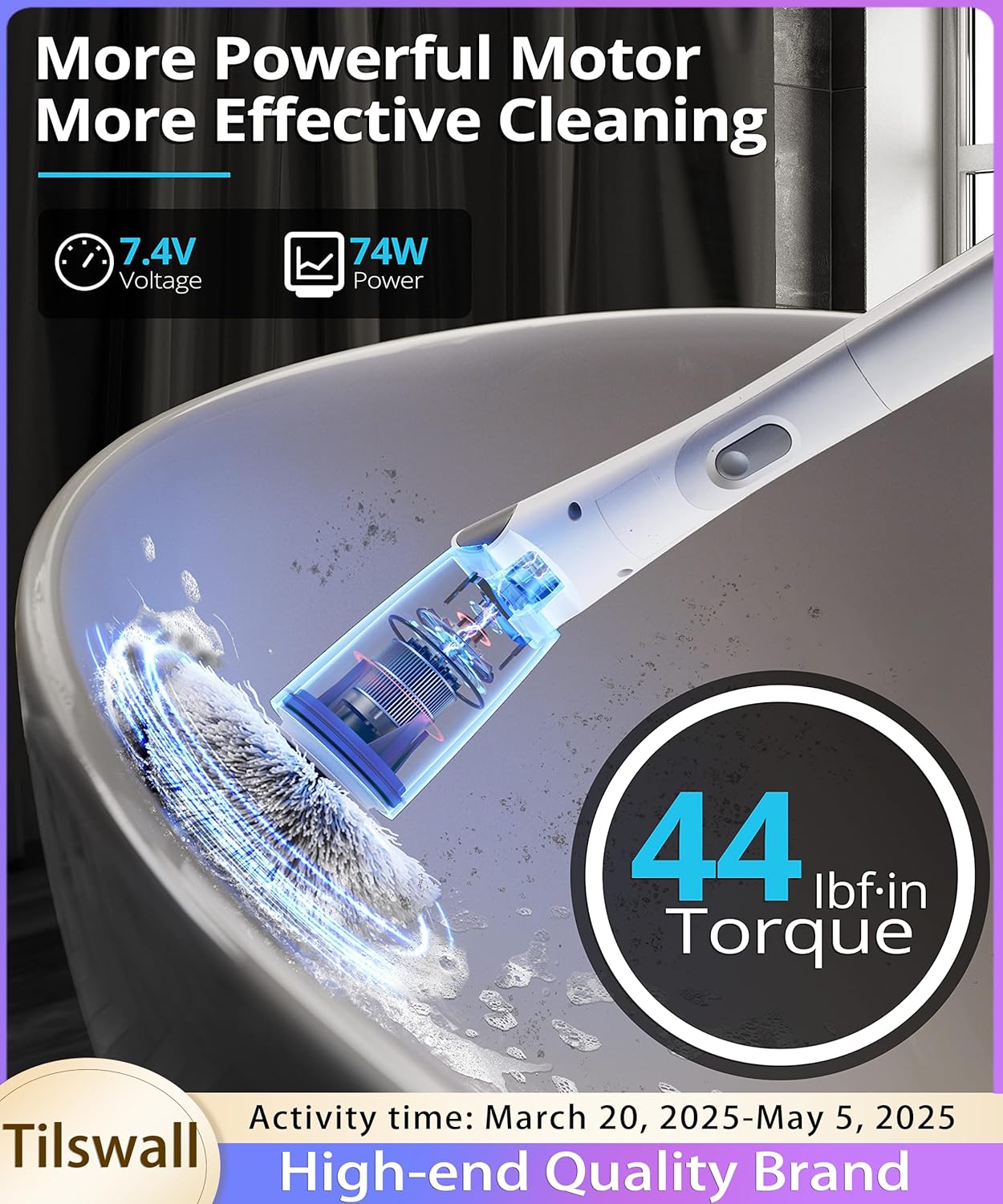 Tilswall Cordless Electric Spin Scrubber - Powered Shower & Tile Cleaning Brush with Detachable Handle, 2-Speed Modes & Extra Battery, for Bathroom Tub/Glass/Car Windows