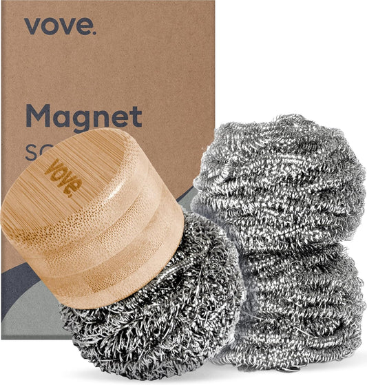 Vove Magnetic Scourer, Stainless Steel Scrubber with FSC-Certified Bamboo Handle, 3 Replacement Pads, Neodymium Magnet, for Cast Iron, Pots & Pans, Griddles, Grills, Plastic-Free Eco-Friendly Cleaner