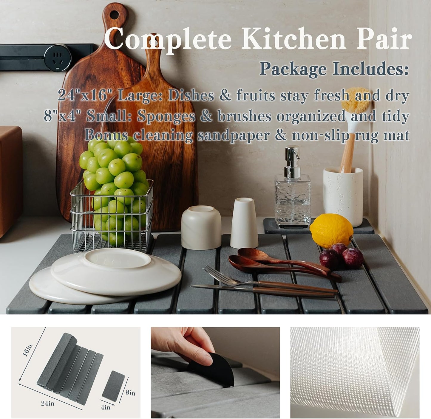 2pcs Stone Dish Drying Mat for Kitchen Counter, Quick-Dry Diatomaceous Earth Water Absorbent Pad & Countertop Drainer, Home Essentials for Bath and Pets - Dark Grey, 24x16’’ & 8x4’’