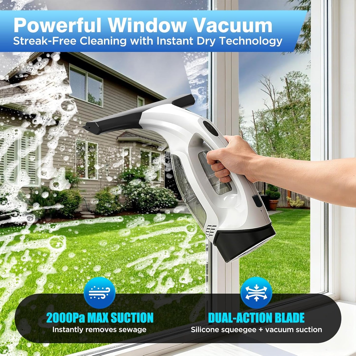 Window Vacuum Squeegee Cordless, 2000Pa Electric Window Cleaner Tool with 2200mAh & 150ml Water Collection Tank, Window Cleaning Kit Shower Squeegee for Glass Doors, Windows, Mirrors, Car (White)