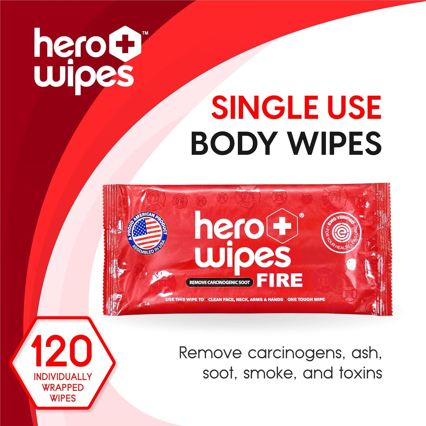 Hero Wipes Body Wipes Remove 98% Of Carcinogens, Ash, Soot, Smoke, Toxins - 120ct Extra Thick Durable 10x9 inches Firefighter Wet Wipes