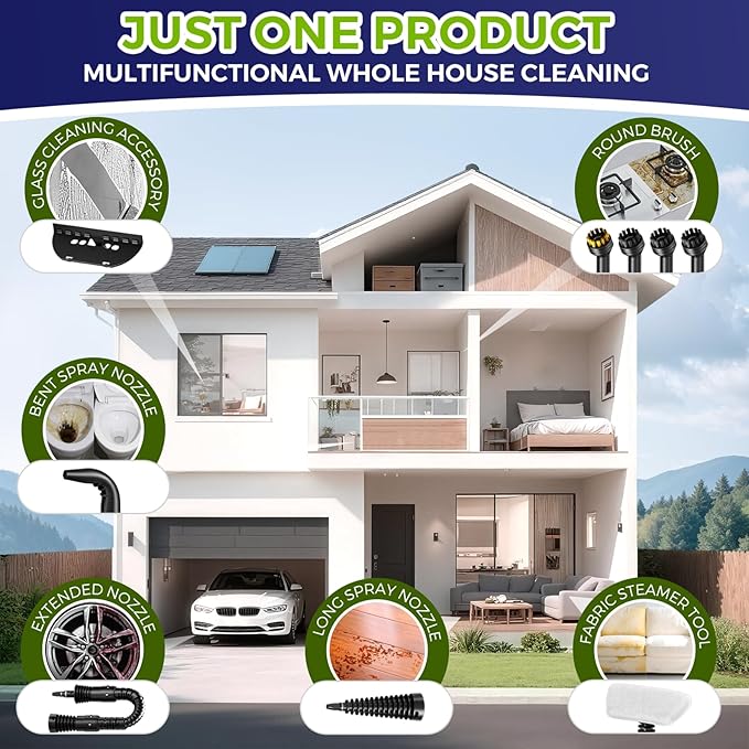 Steam Cleaner, Pressurized Handheld Multi-Surface Natural Steam Cleaner with 12 PCS Accessories & Safety Lock, 350ML Large Capacity, Steamer for Car, Home, Upholstery, Kitchen, Window, Grime and More