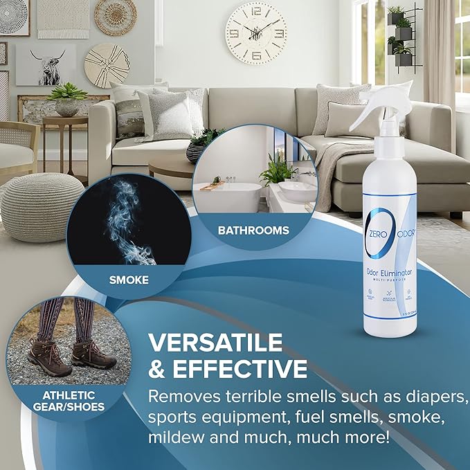 Zero Odor Multi-Purpose Odor Eliminator - Eliminate Air & Surface Odor – Patented Technology Best for Bathroom, Kitchen, Fabric, Closet- Smell Great Again, 8oz (Over 1000 Sprays)