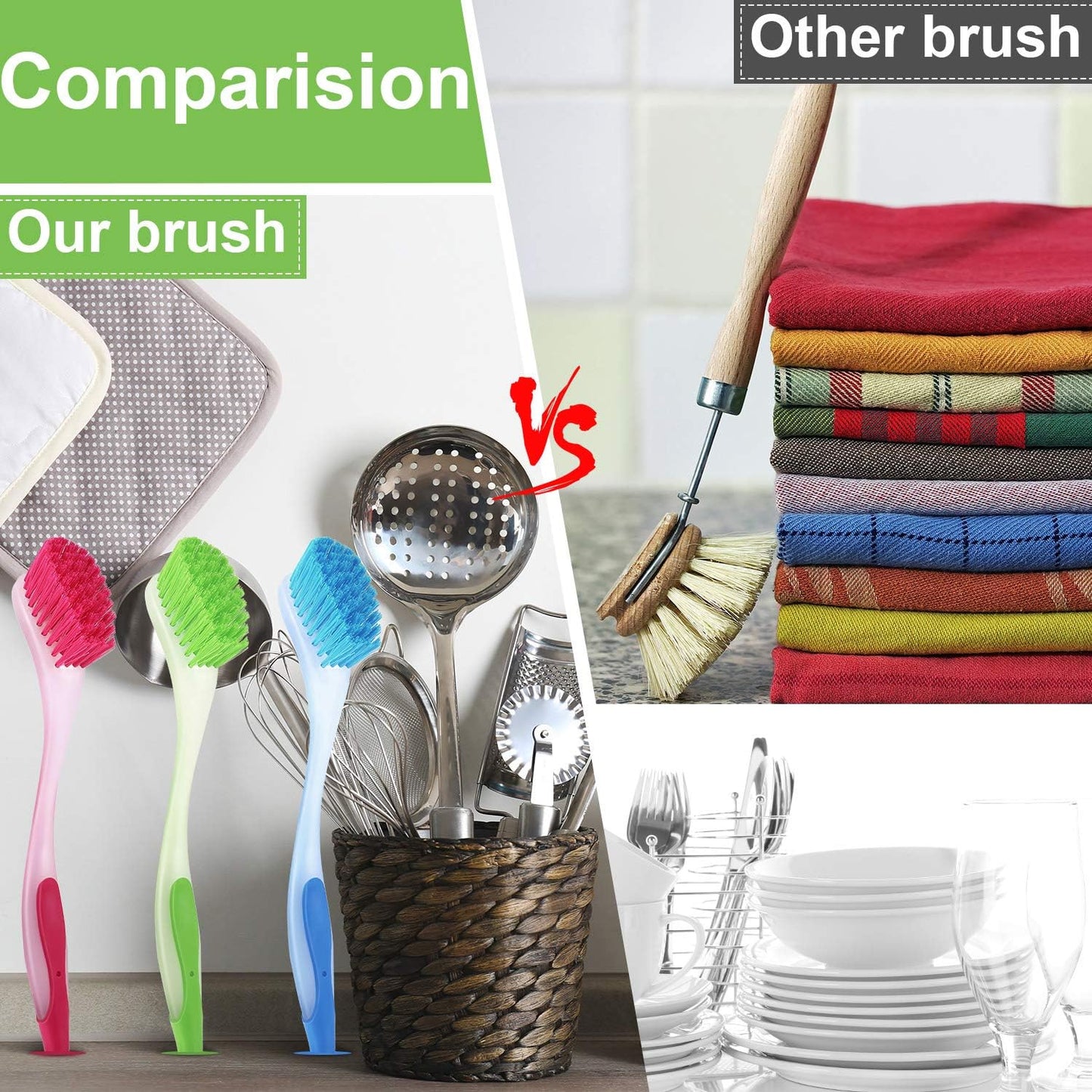 5 Pieces Long Dish Brush with Handle Assorted Color Dishwashing Brush with Suction Cup Multipurpose Scrub Cleaning Tool for Kitchen, Toilet, Etc.