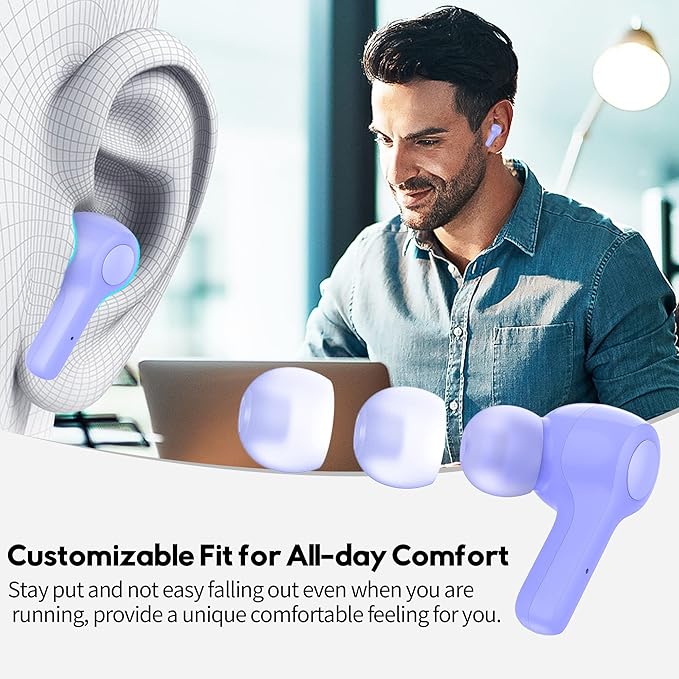 MOZOTER Bluetooth 5.3 Wireless Earbuds,Deep Bass Loud Sound Clear Call Noise Cancelling with Microphones in-Ear Headphones with Wireless Charging Case Compatible for iPhone Android,Work-Purple