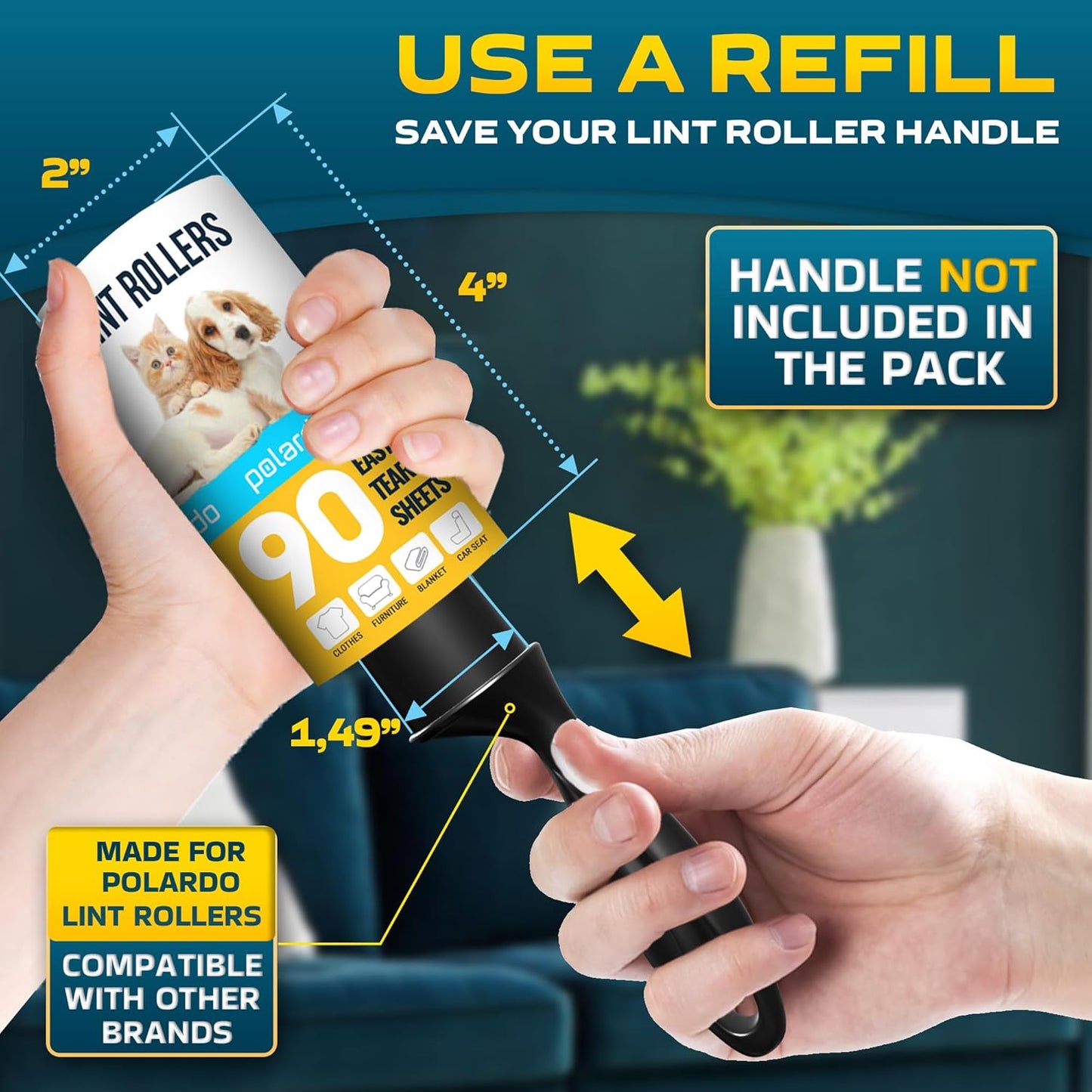 Lint Rollers 900 Sticky Sheets, 10 Spare Rollers,10 Pack of Refills Only. Pet Hair Remover for Clothes, Furniture, Couch, Carpet, Dog Hair Remover, Cat Hair Remover, Animal Fur, Fuzz