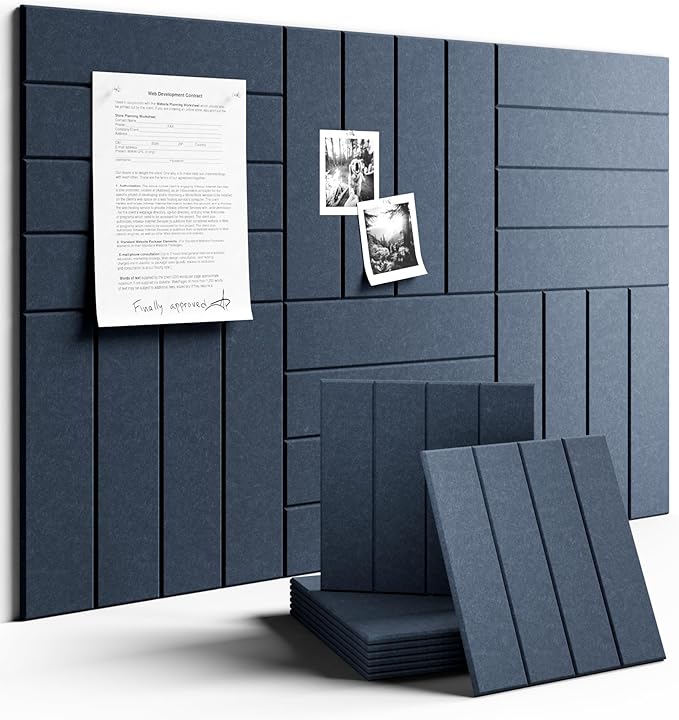 Felt Bulletin Board Tiles Large 36" x 24" Cork Board Alternative-6 Pack with 40 Adhesive Tabs, Thick Slat Wall Panels for Office Decor, Push Pin Board Wall Organizer Alternative - Denim Blue