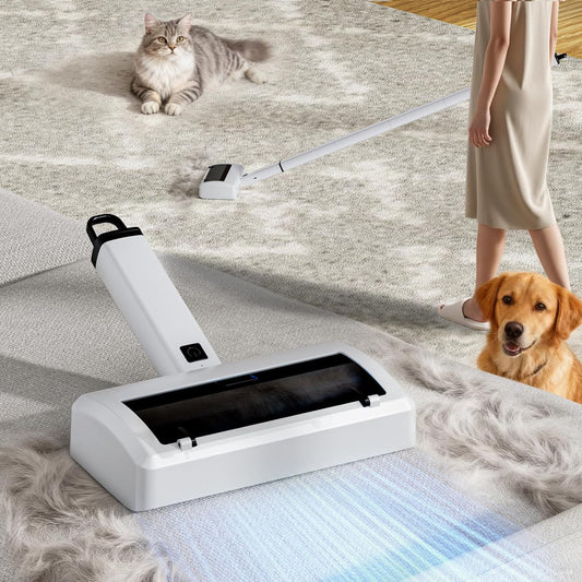 Electric Pet Hair Remover for Dogs & Cats, Rechargeable Lint Roller with Adjustable Handle, Portable Hair Cleaner for Sofa, Carpet, Bed, Car, Multi-Surface Fur Removal Tool (White, Electric)
