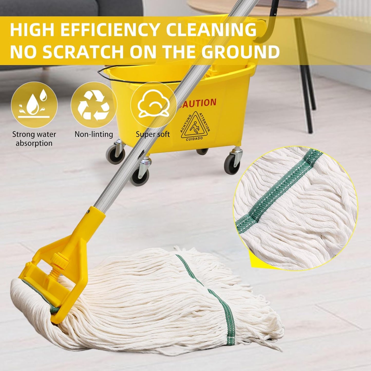 Commercial Mop Heavy Duty Industrial Mop with Long Handle,59" Looped-End String Wet Cotton Mops for Floor Cleaning, Including Three mop Head Replacement