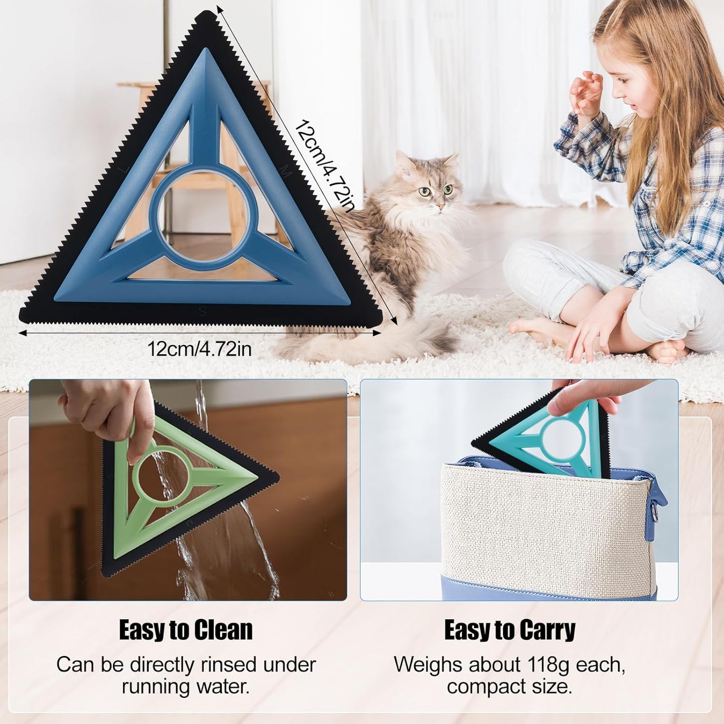 Mini Pet Hair Remover Tool for Car Detailing Supplies, pet Hair Remover for Car Interior, Triangle Pet Hair Remover for Auto Detailing, Couch, Furniture, Lint, Carpet（Green）