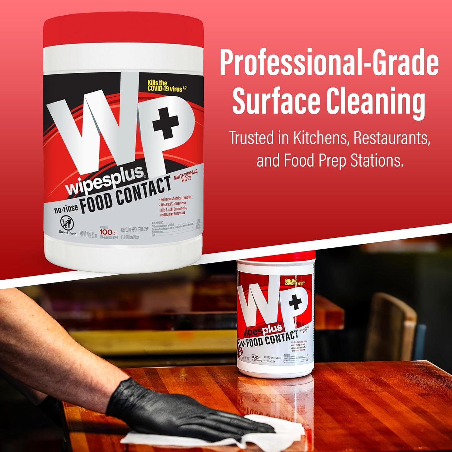 WIPESPLUS No-Rinse Food Contact Wipes Canister Multi-Surface Wipes, Unscented for Home and Business, 100, (1 Pack of 100)