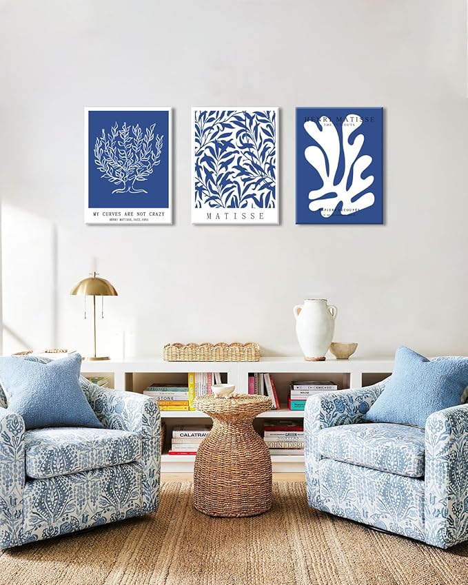 Framed Henri Matisse Canvas Wall Art Set of 3 - Abstract Blue and White Botanical Line Wall Decor Paintings, Modern Minimalist Poster Prints Aesthetic Home Decor for Living Room Bedroom Office 16x24 inch