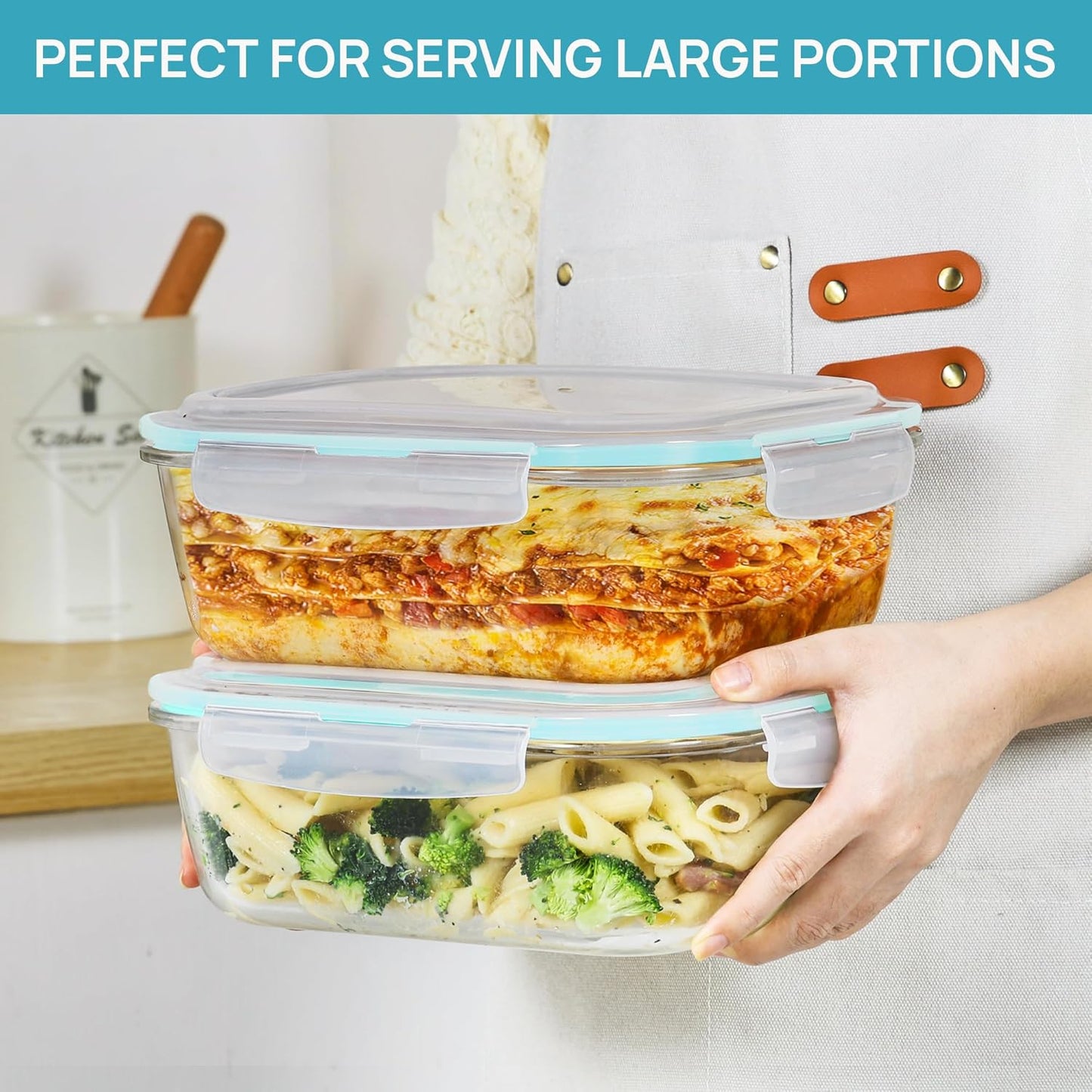 Vtopmart 2Pack 2260ml/ 76.4oz Large Glass Storage Containers with Lids, Meal Prep Food Container Set with Snap Airtight Lid for Baking, Microwave, Oven, Leak Proof, for Freezer, Dishwasher, Green