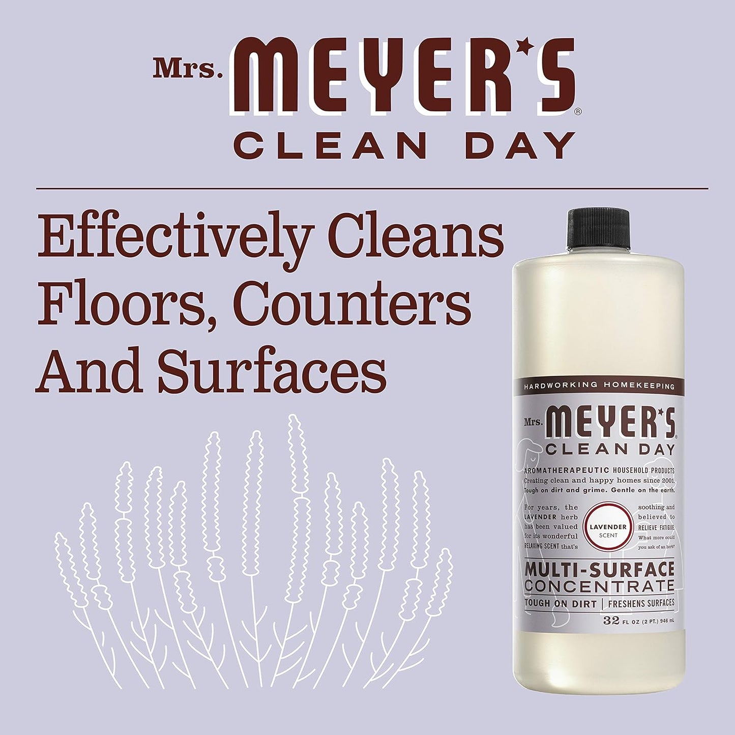 MRS. MEYER'S CLEAN DAY Multi-Surface Cleaner Concentrate, Use to Clean Floors, Tile, Counters, Lavender, 32 fl. oz - Pack of 2